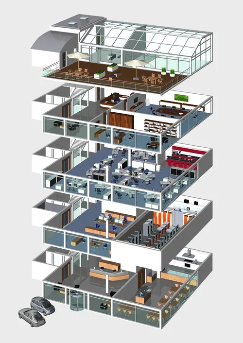 Architectural cutaway of multi-level office building interior by Eberhard Reimann