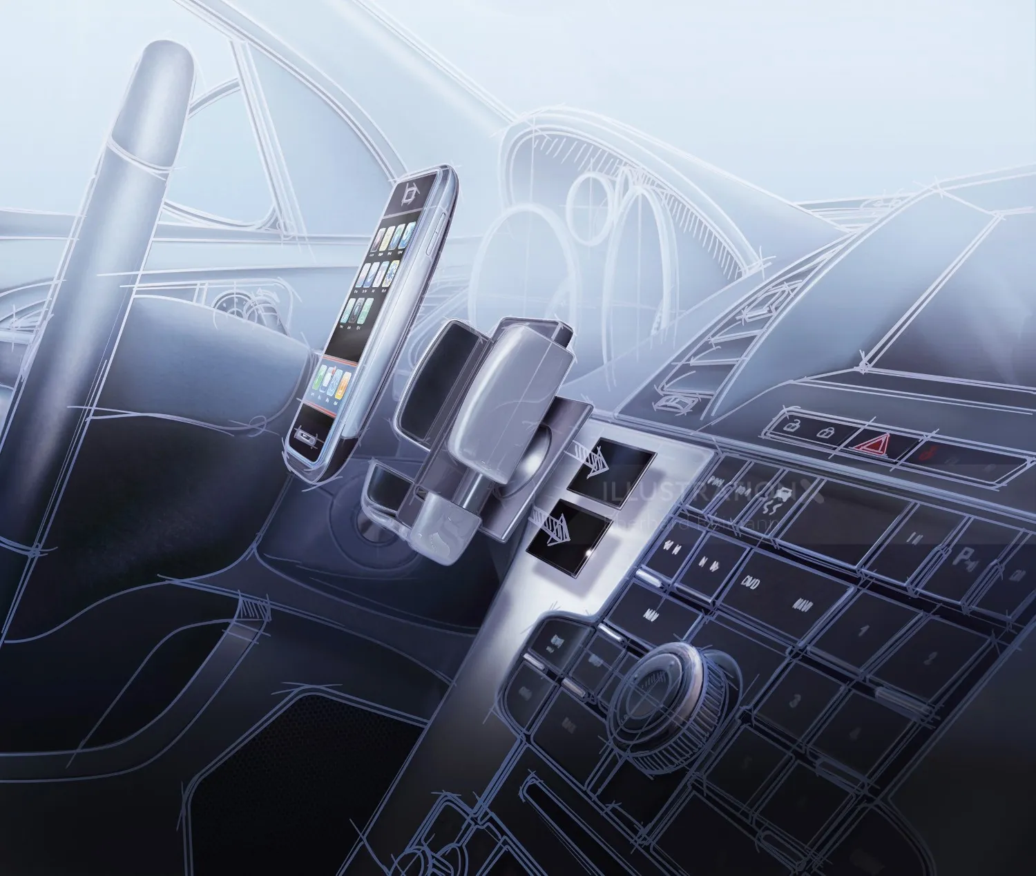 Car dashboard with smartphone mount and controls by Eberhard Reimann