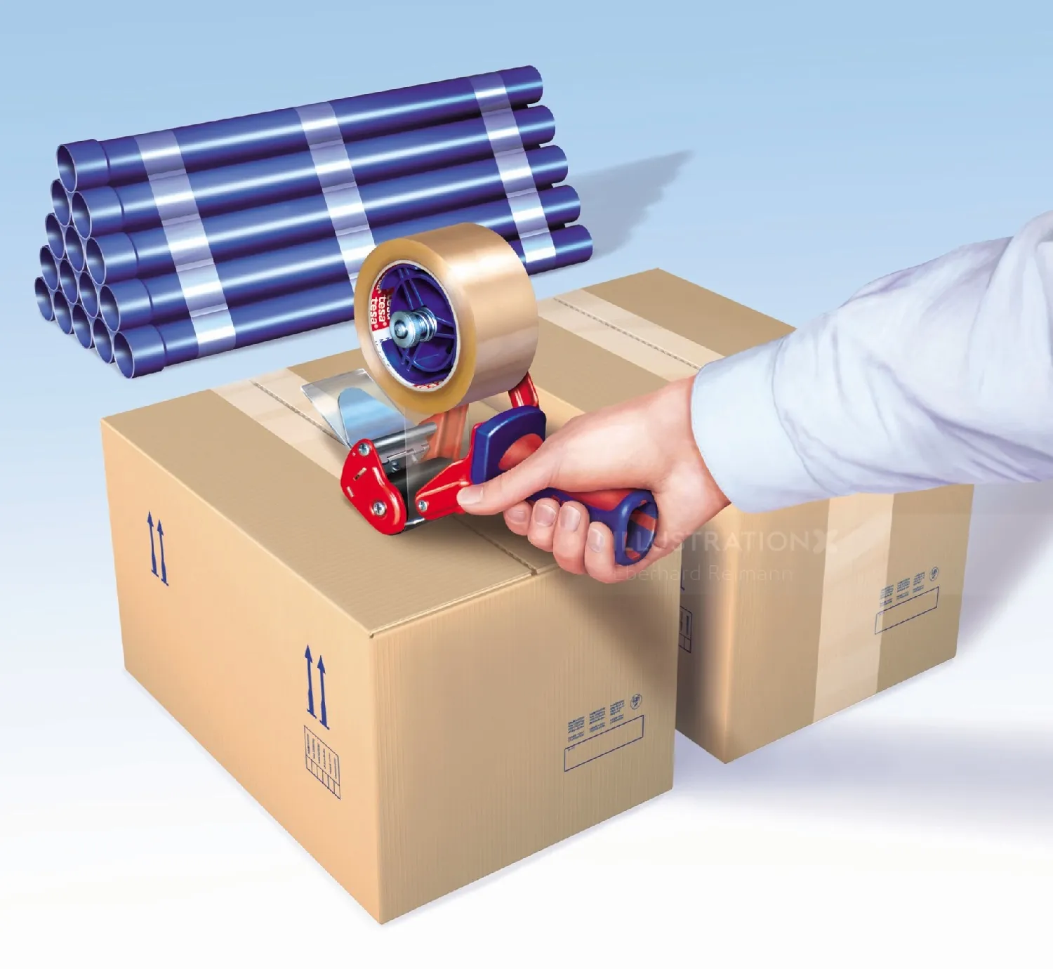 Hand sealing cardboard boxes with tape dispenser by Eberhard Reimann