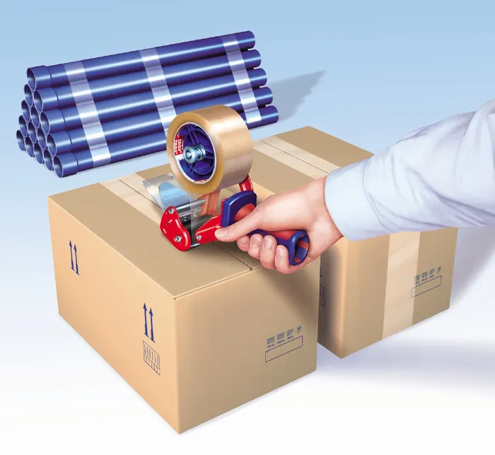 Hand sealing cardboard boxes with tape dispenser by Eberhard Reimann