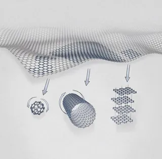 Graphene sheets converting to nanotubes and stacked layers illustration by Eberhard Reimann
