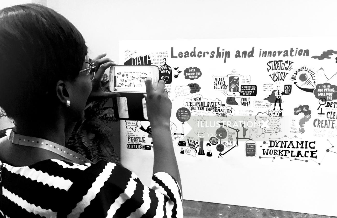 Ilustração em preto e branco de liderança e inovação