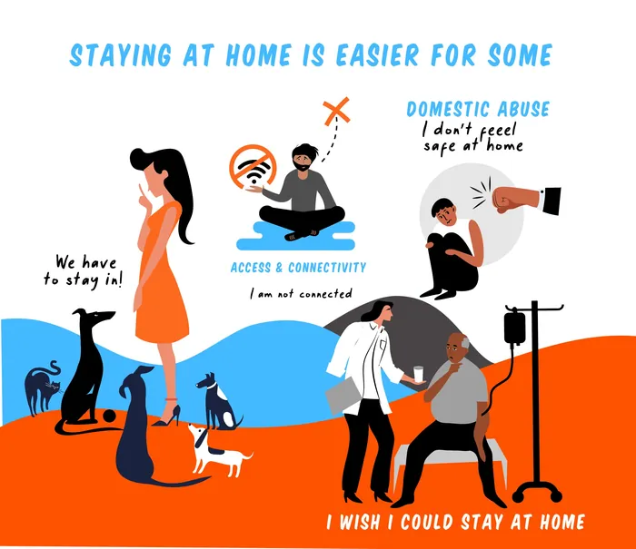 Illustration showing challenges like domestic abuse and lack of connectivity at home by Echopic