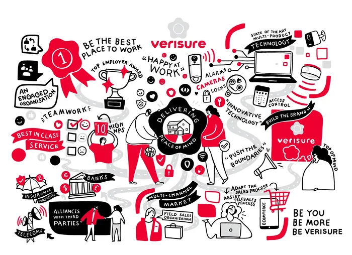 Colorful workplace illustration showing teamwork and delivery at Verisure by Echopic