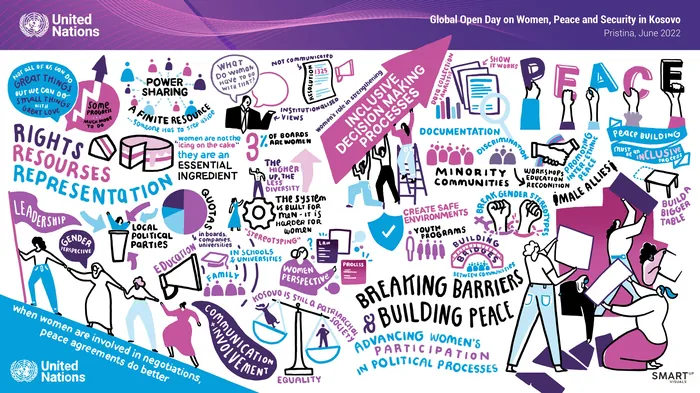 Colorful illustration highlighting women's rights, peace, and political participation.