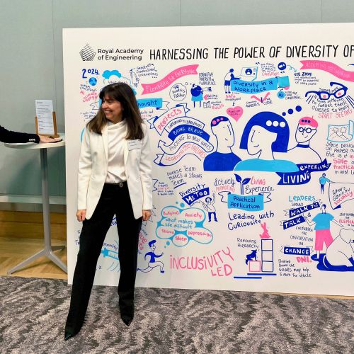 Woman in white blazer beside colorful diversity and inclusivity illustration
