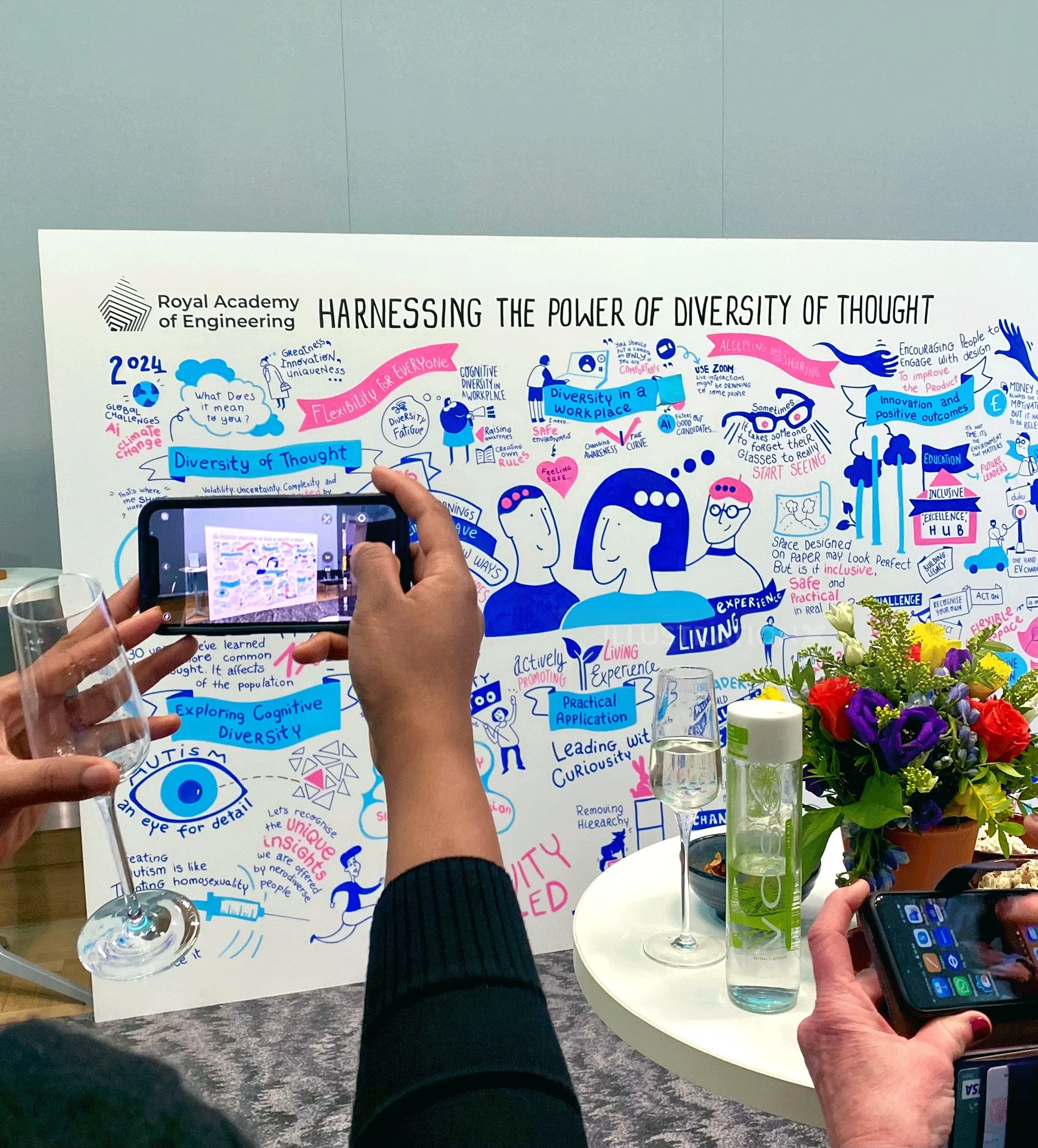 Hands holding phones capturing a diversity of thought illustration at Royal Academy event