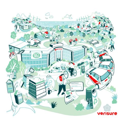 Busy smart city scene with people, cars, buildings, and technology