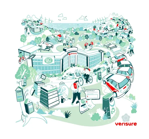 Busy smart city scene with people, cars, buildings, and technology