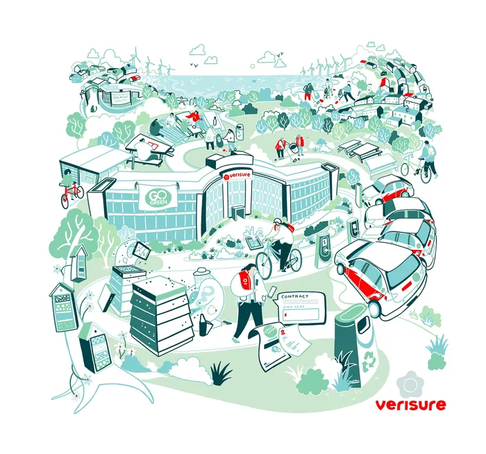 Busy smart city scene with people, cars, buildings, and technology