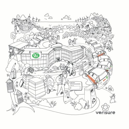 Line drawing of a modern building with cars, trucks, trees, and hills.