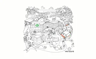 Line drawing of a modern building with cars, trucks, trees, and hills.