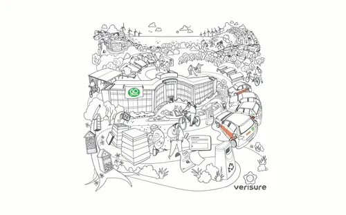 Line drawing of a modern building with cars, trucks, trees, and hills.