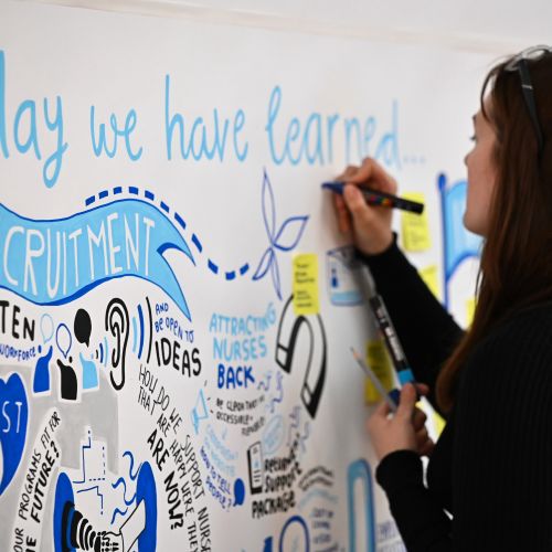Woman writing recruitment ideas on whiteboard with colorful markers.