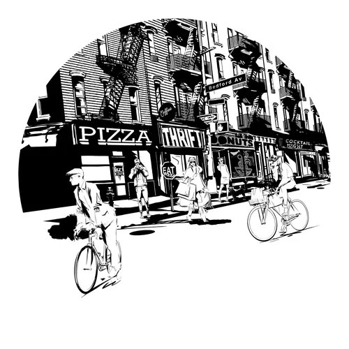 Black-and-white Brooklyn street scene with cyclists, pedestrians, and pizza shops by Ede Studio