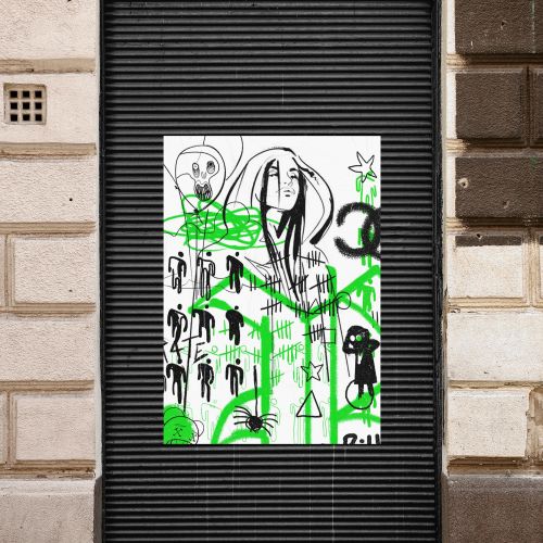 Billie Eilish street art by Ede Studio on a closed storefront shutter