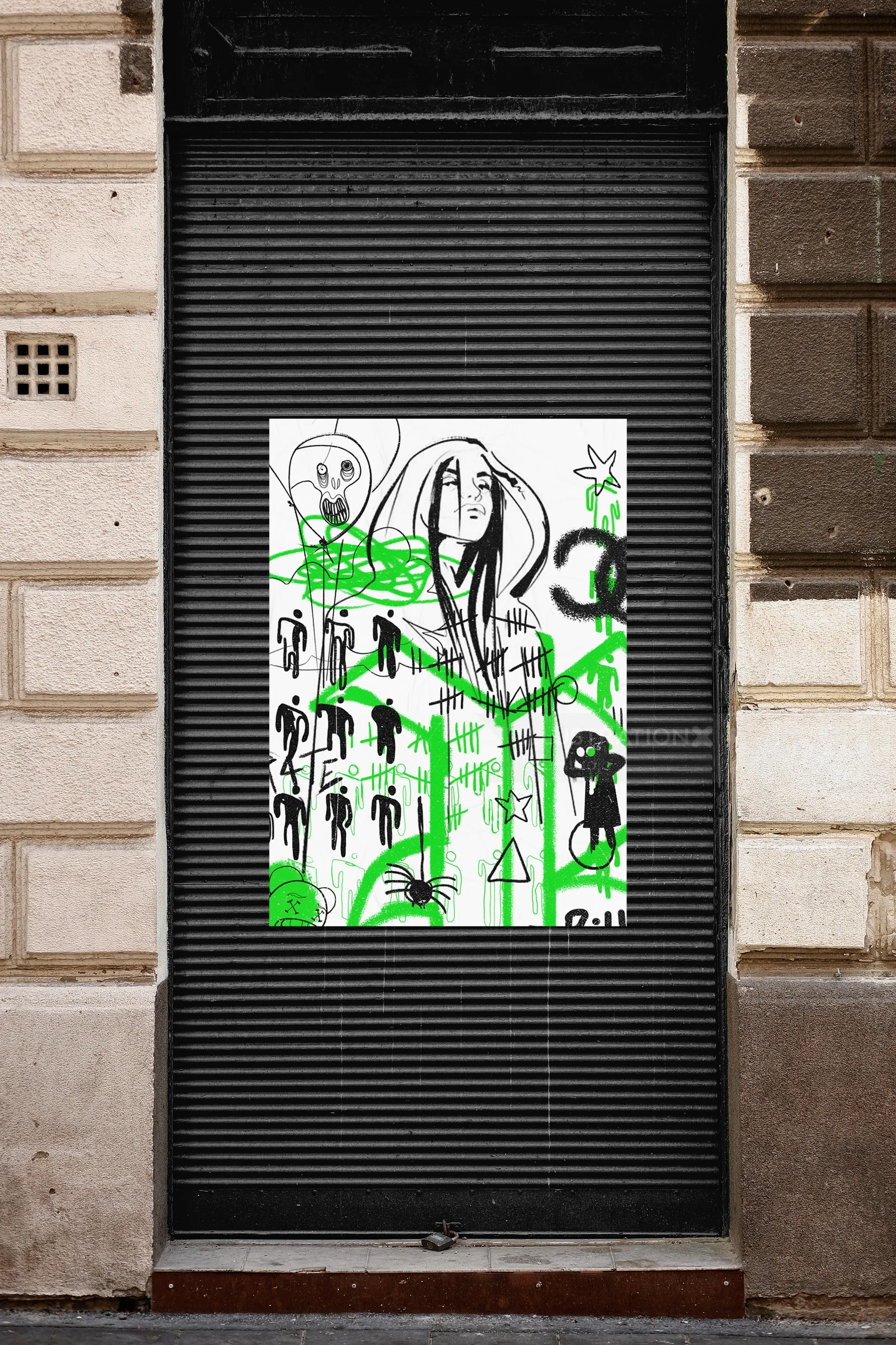 Billie Eilish street art by Ede Studio on a closed storefront shutter