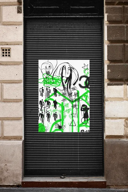 Billie Eilish street art by Ede Studio on a closed storefront shutter