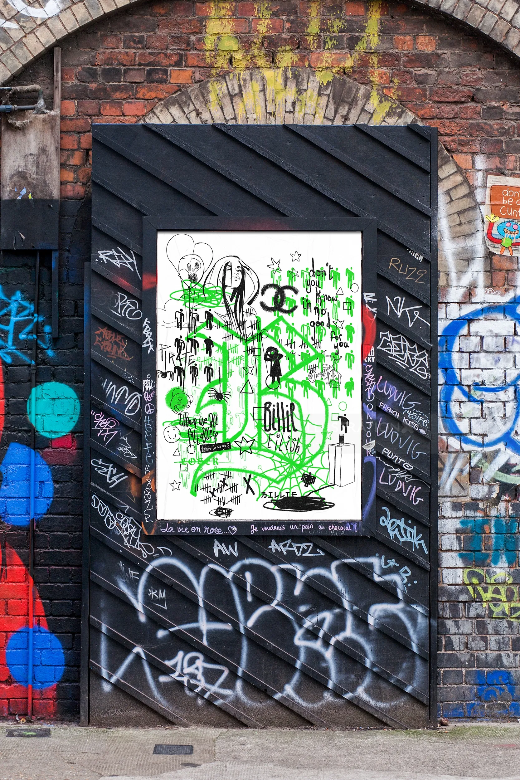 Ede Studio's Billie Eilish street art on a graffiti-covered wall