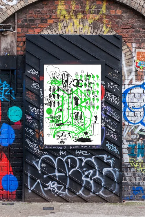 Ede Studio's Billie Eilish street art on a graffiti-covered wall