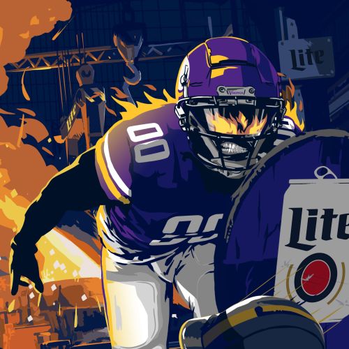 Football player in purple Vikings uniform with Miller Lite logos by Chris Ede