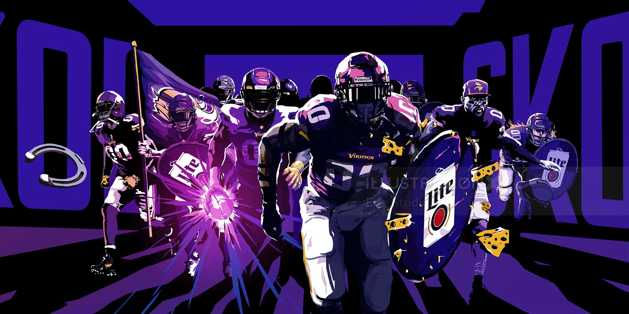 Minnesota Vikings football players running on field with Miller Lite logo by Ede Studio