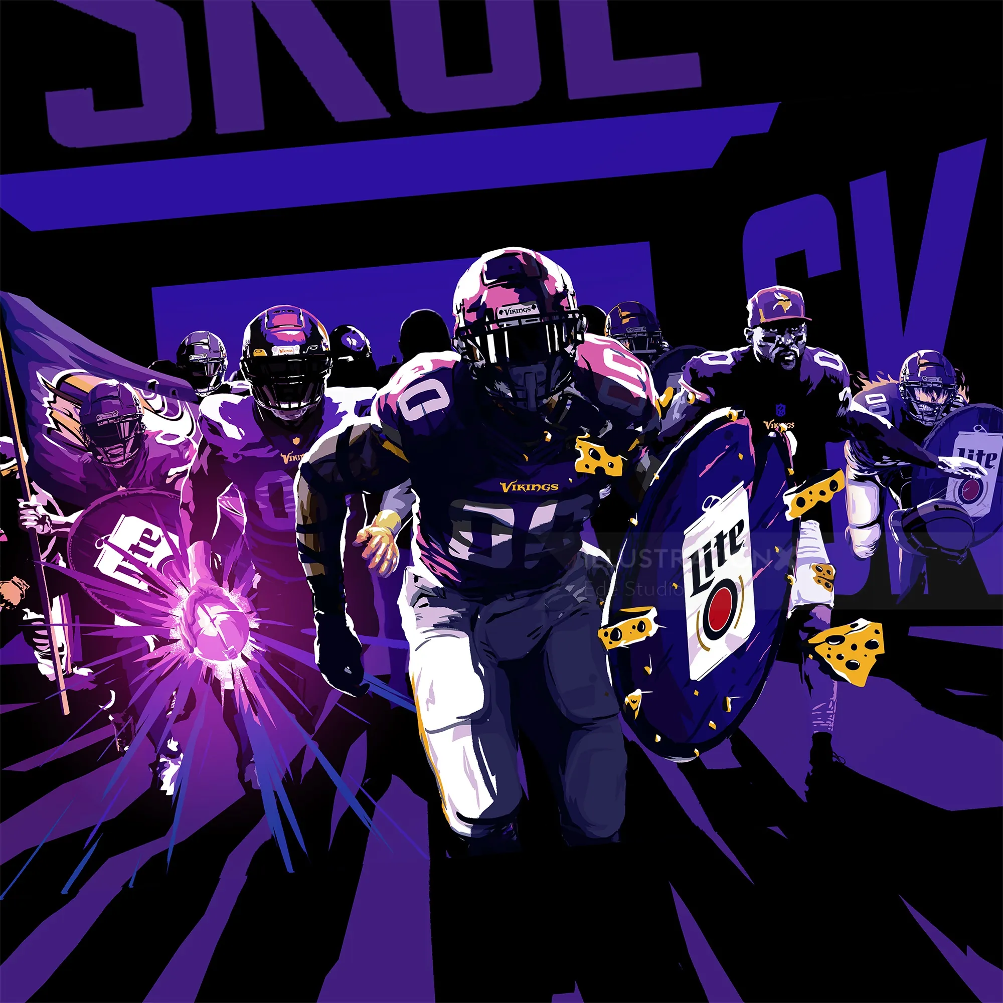Ede Studio illustration of Minnesota Vikings players with a Miller Lite shield