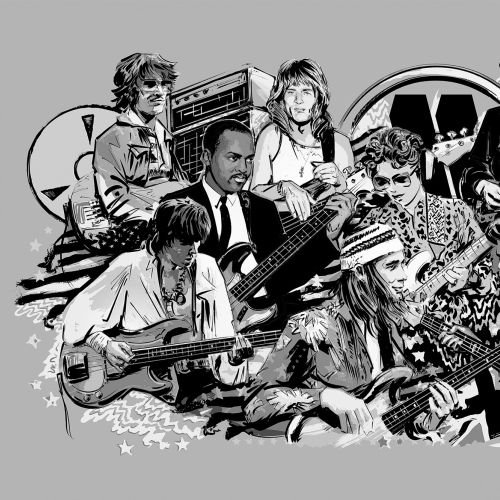 Black and white collage of rock musicians with guitars by Chris Ede