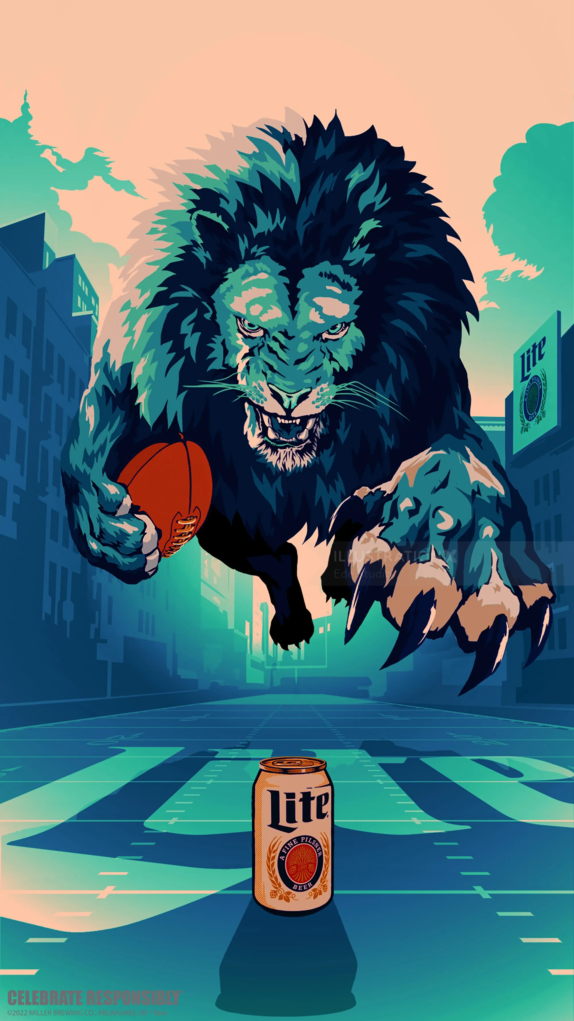 Illustration von Ede Studio: Ein brüllender Löwe über einer Miller Lite Dose