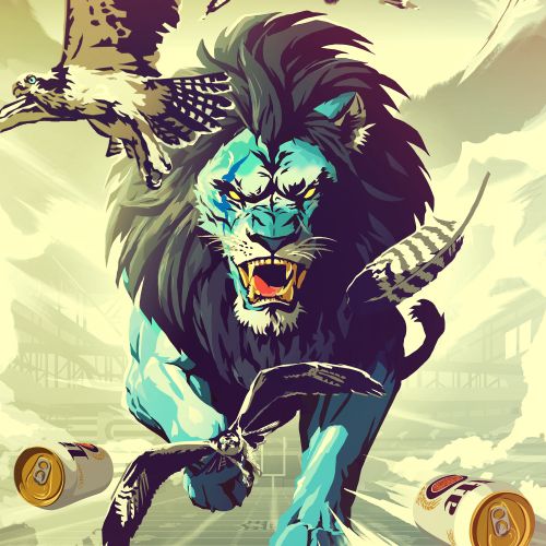 Blue lion mascot with wings and feathers holding beer cans flying over field