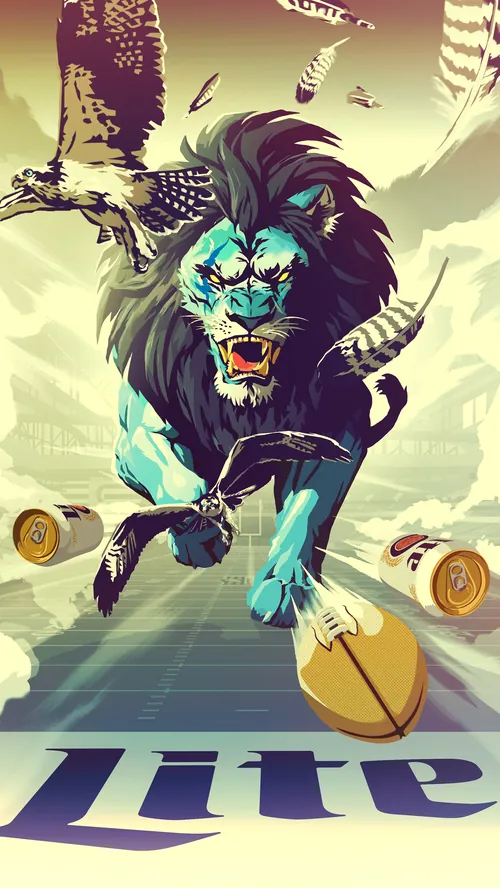 Blue lion mascot with wings and feathers holding beer cans flying over field