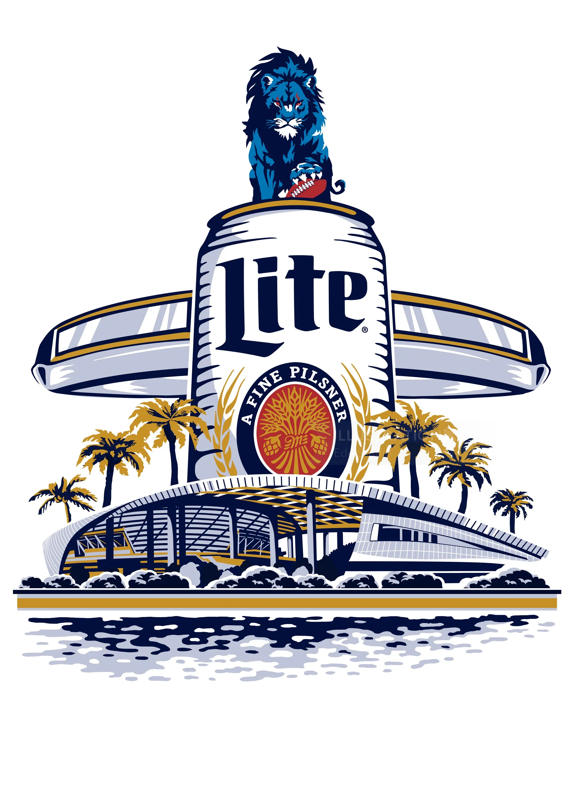 Ede Studio illustration of a Miller Lite can, stadium, palm trees, and football imagery