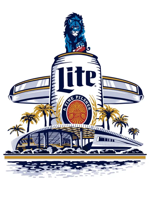 Ede Studio illustration of a Miller Lite can, stadium, palm trees, and football imagery