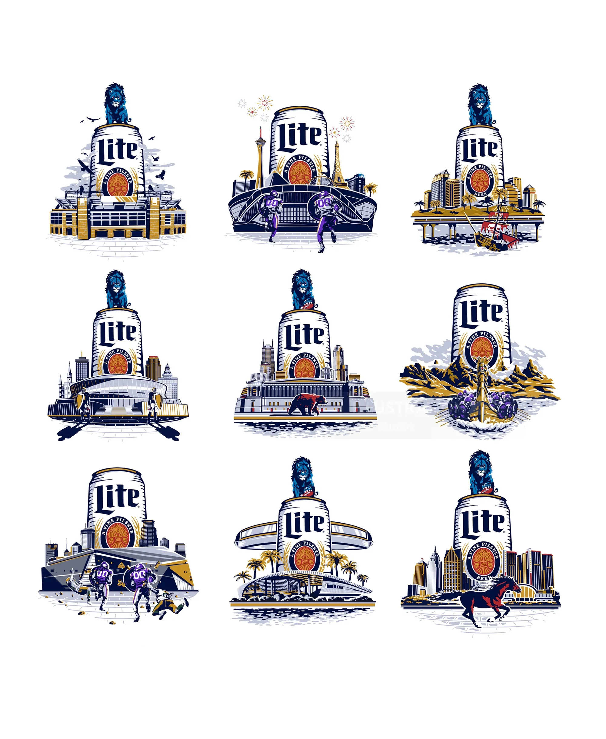Nine NFL and Miller Lite gameday themed illustrations by Ede Studio