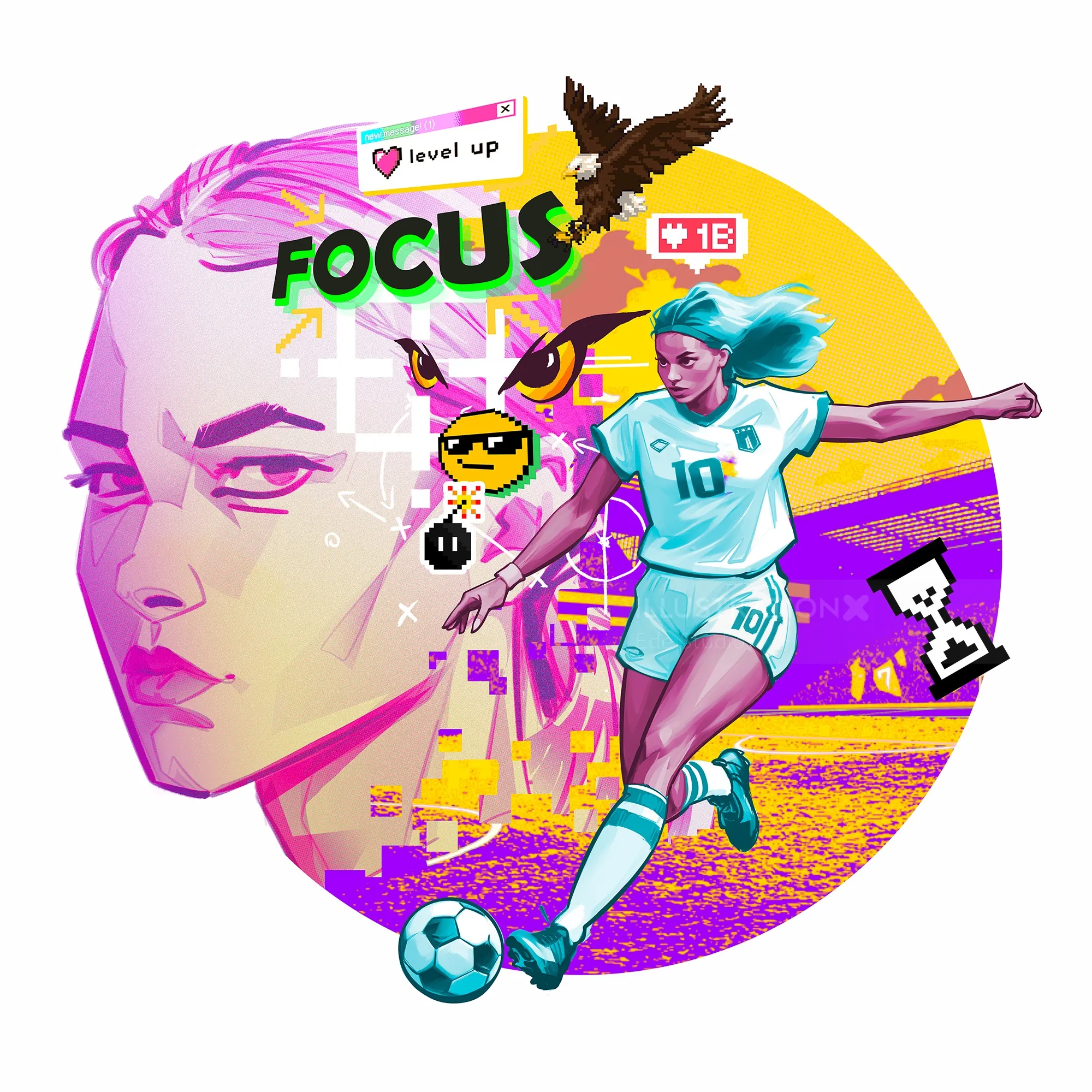 Female soccer player in action with vibrant digital background
