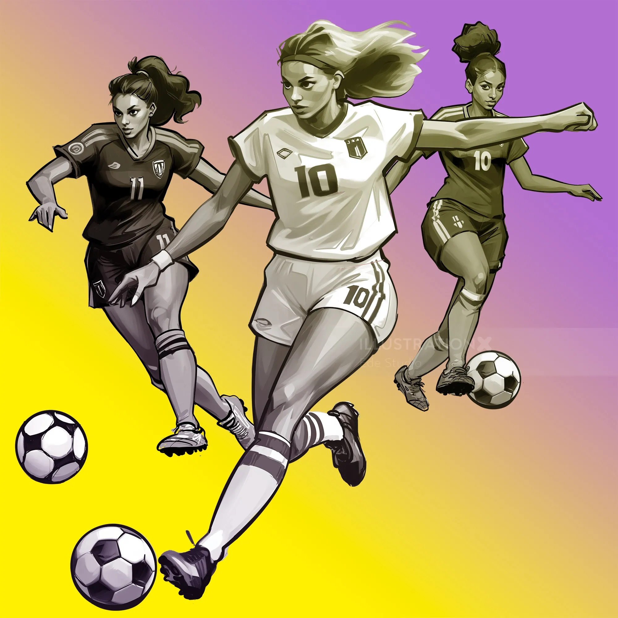 Three female soccer players in action with a yellow background