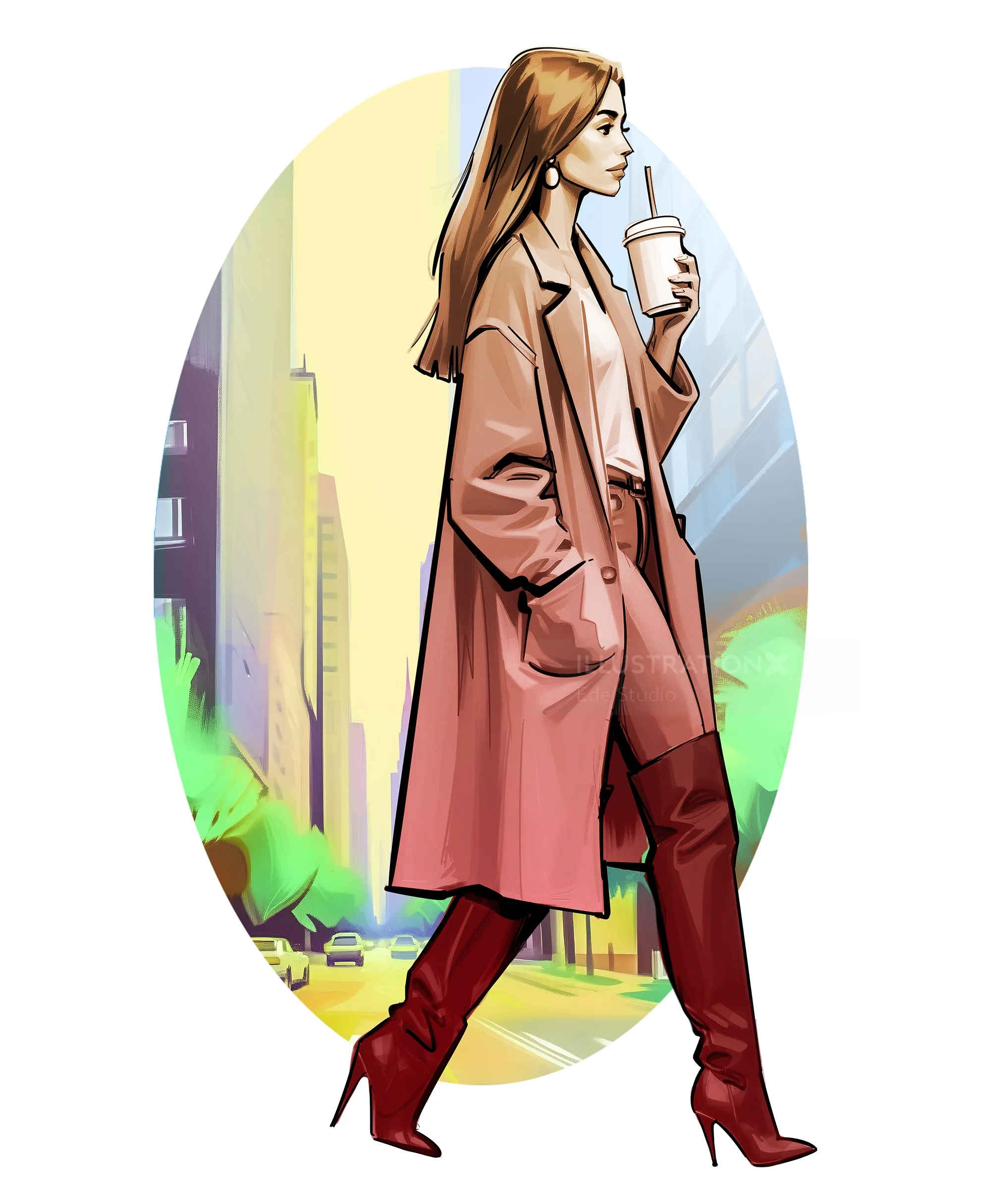 Woman walking in city with coffee cup wearing coat and boots