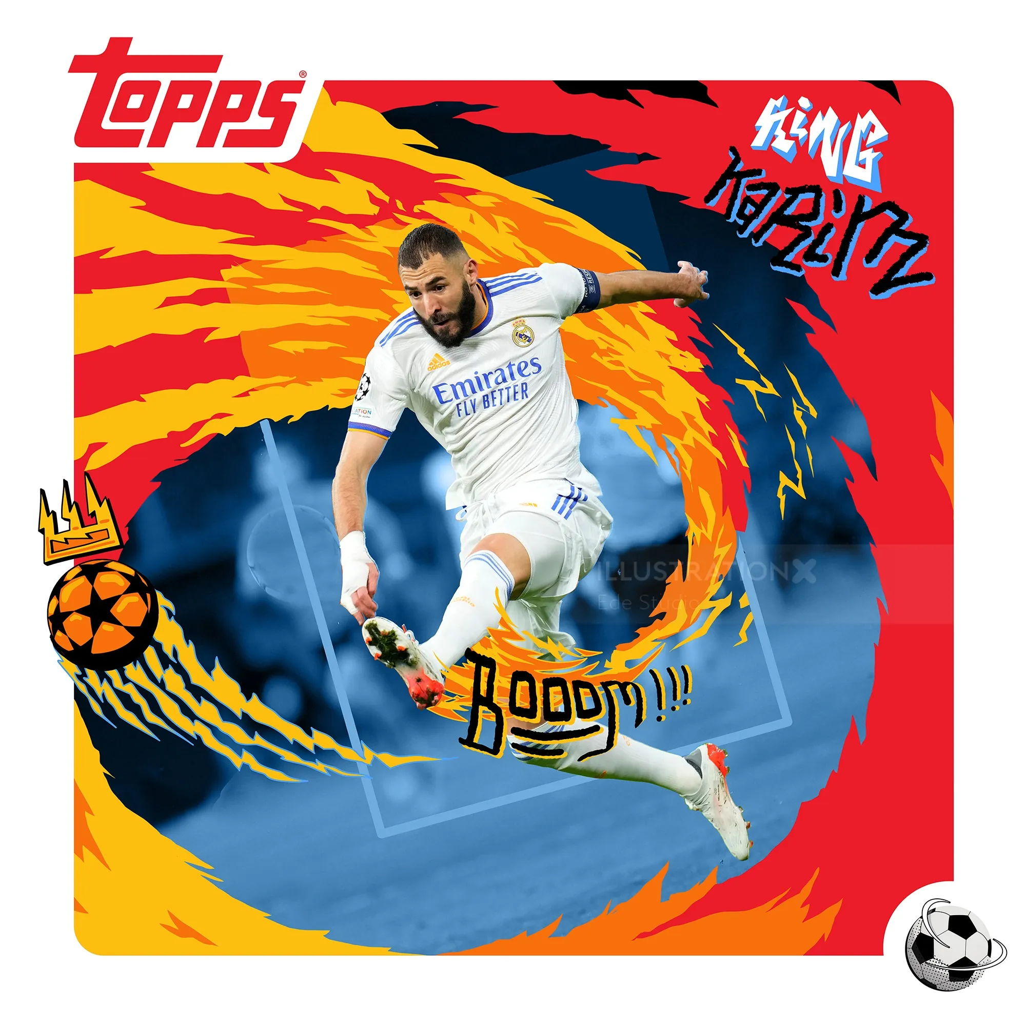 Karim Benzema in Real Madrid kit kicking soccer ball with fiery background