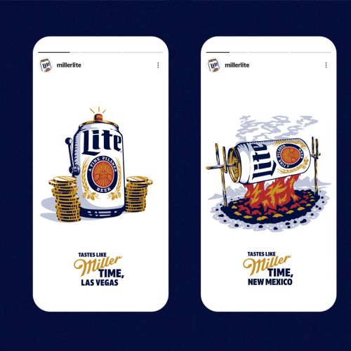 Miller Lite cans depicted in illustrations for Las Vegas and New Mexico, by Ede Studio