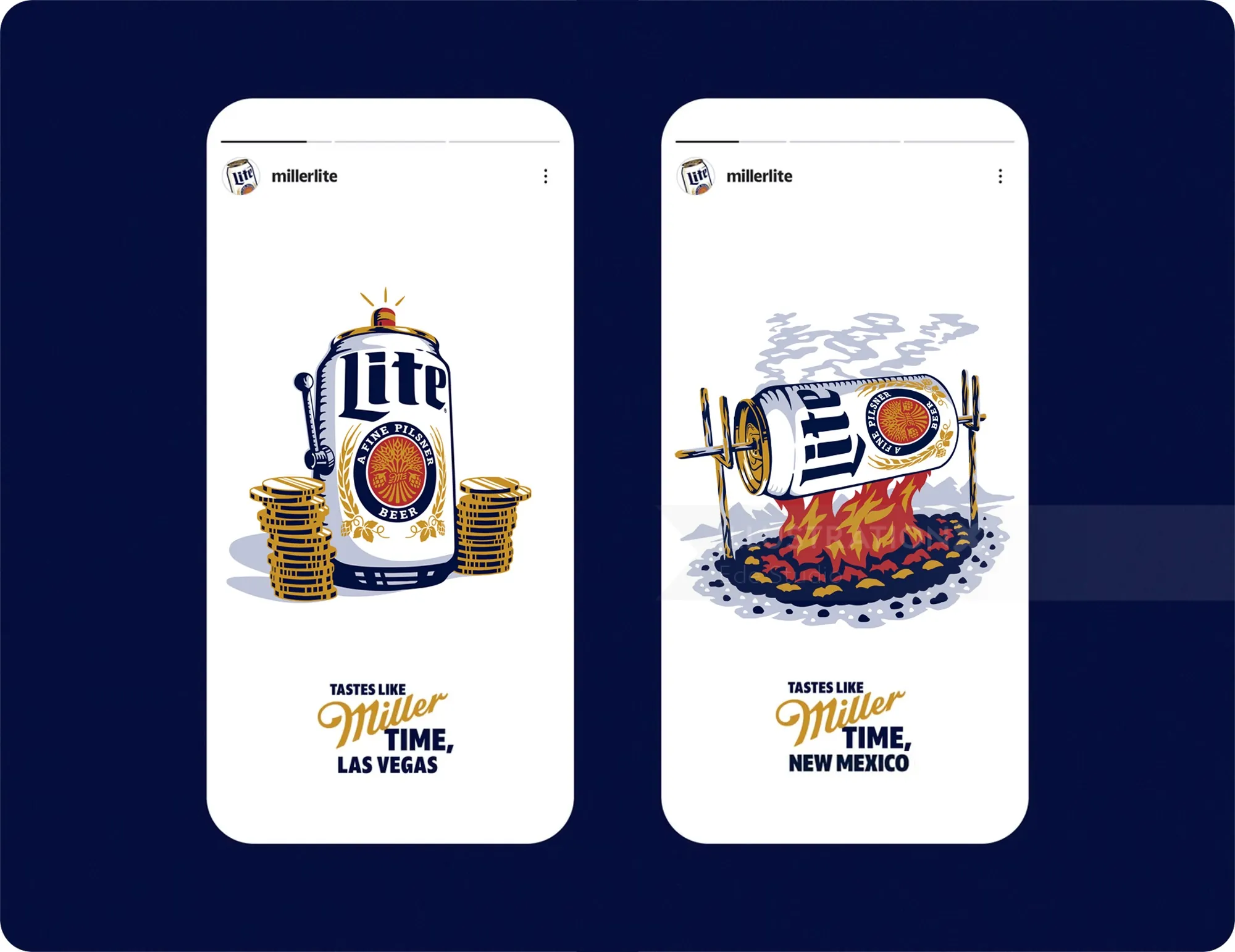 Miller Lite cans depicted in illustrations for Las Vegas and New Mexico, by Ede Studio