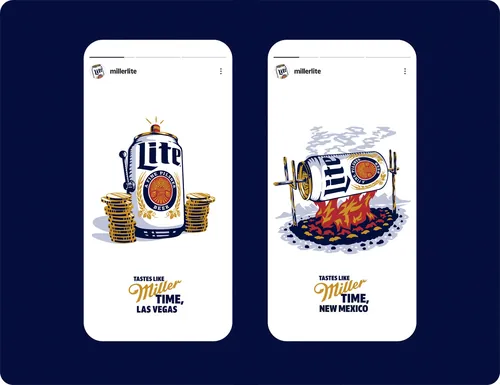 Miller Lite cans depicted in illustrations for Las Vegas and New Mexico, by Ede Studio