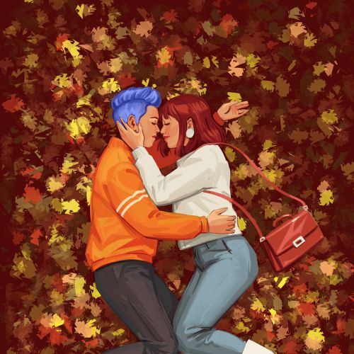 Couple embracing on autumn leaves, fall colors, by Ede Studio