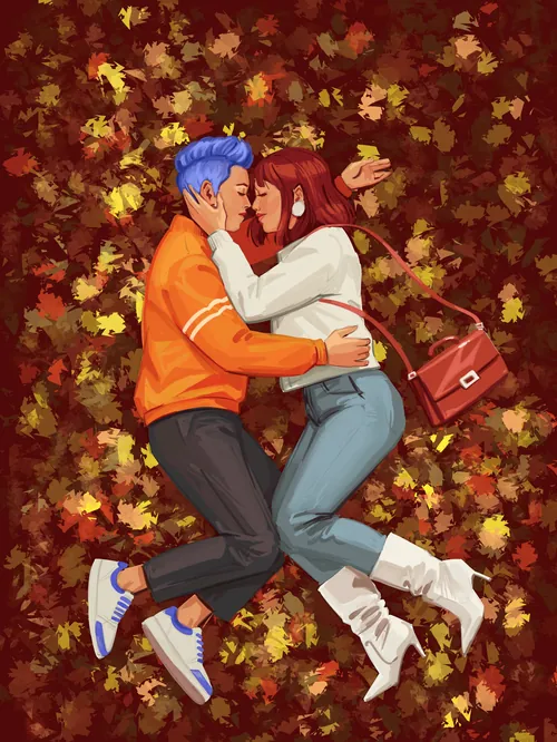 Couple embracing on autumn leaves, fall colors, by Ede Studio