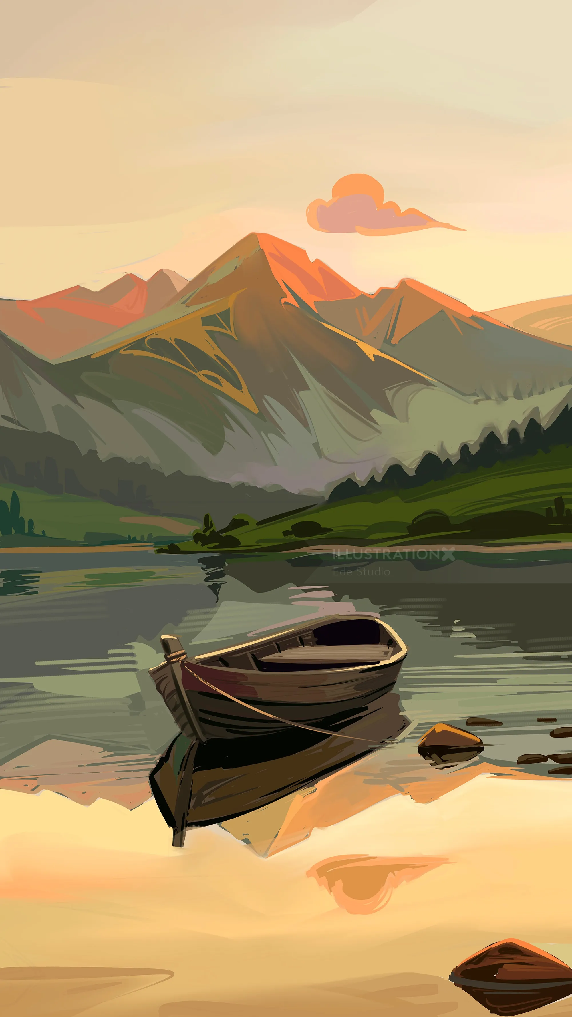 Boat floating on a calm lake at sunset with mountains in background by Ede Studio