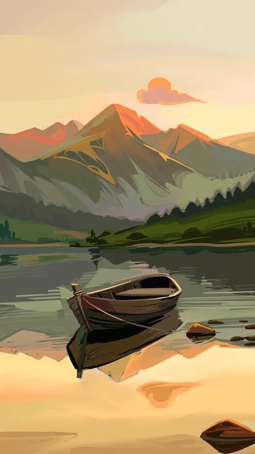 Boat floating on a calm lake at sunset with mountains in background by Ede Studio