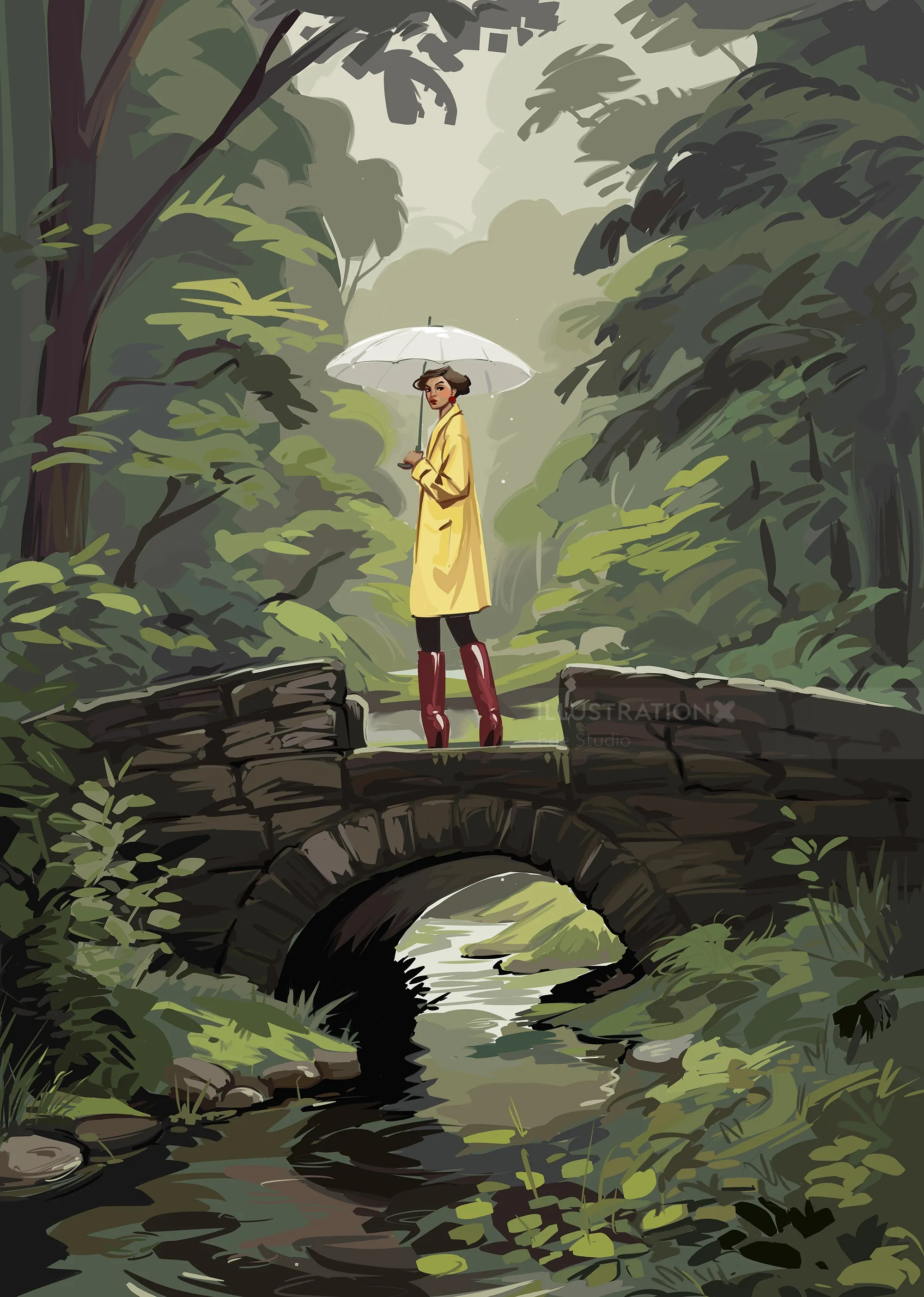 Woman in yellow coat holding white umbrella on stone bridge surrounded by forest by Ede Studio