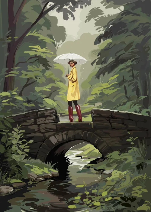 Woman in yellow coat holding white umbrella on stone bridge surrounded by forest by Ede Studio
