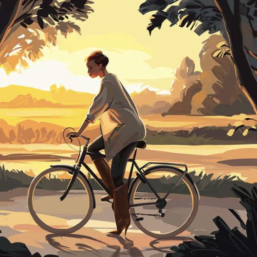 Person cycling through a forest scene at sunset by Ede Studio
