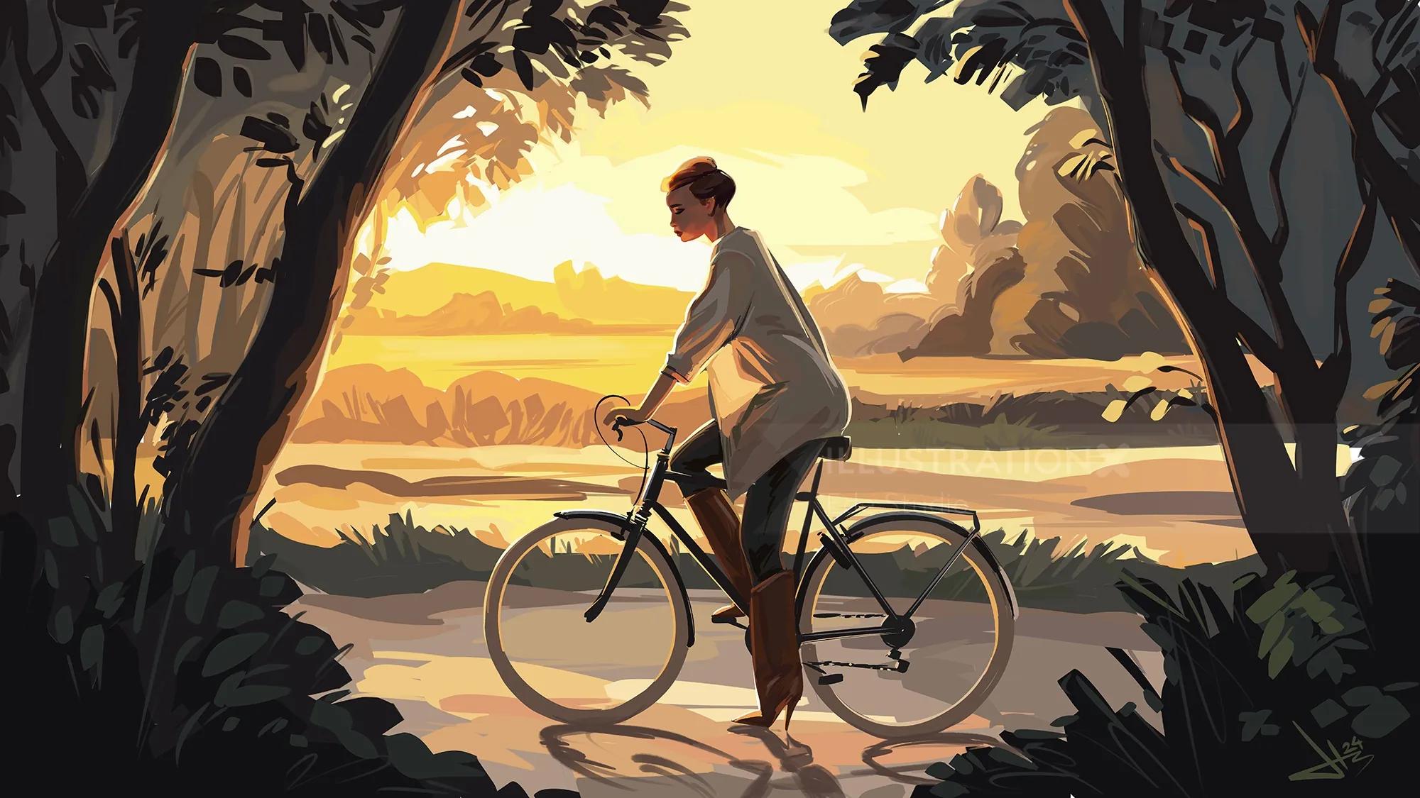 Person cycling through a forest scene at sunset by Ede Studio