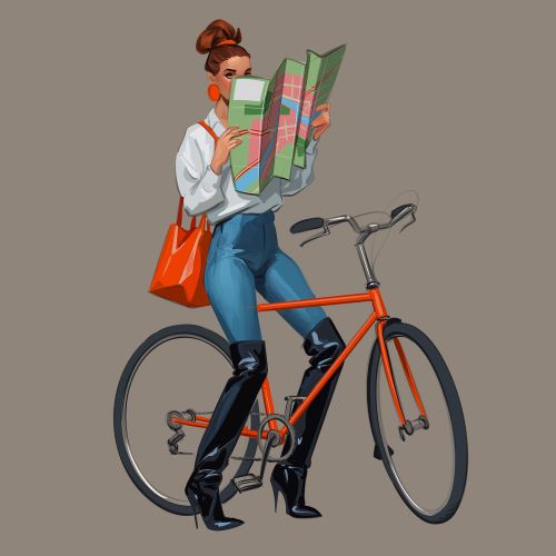 Woman on orange bicycle holding a map, by Ede Studio
